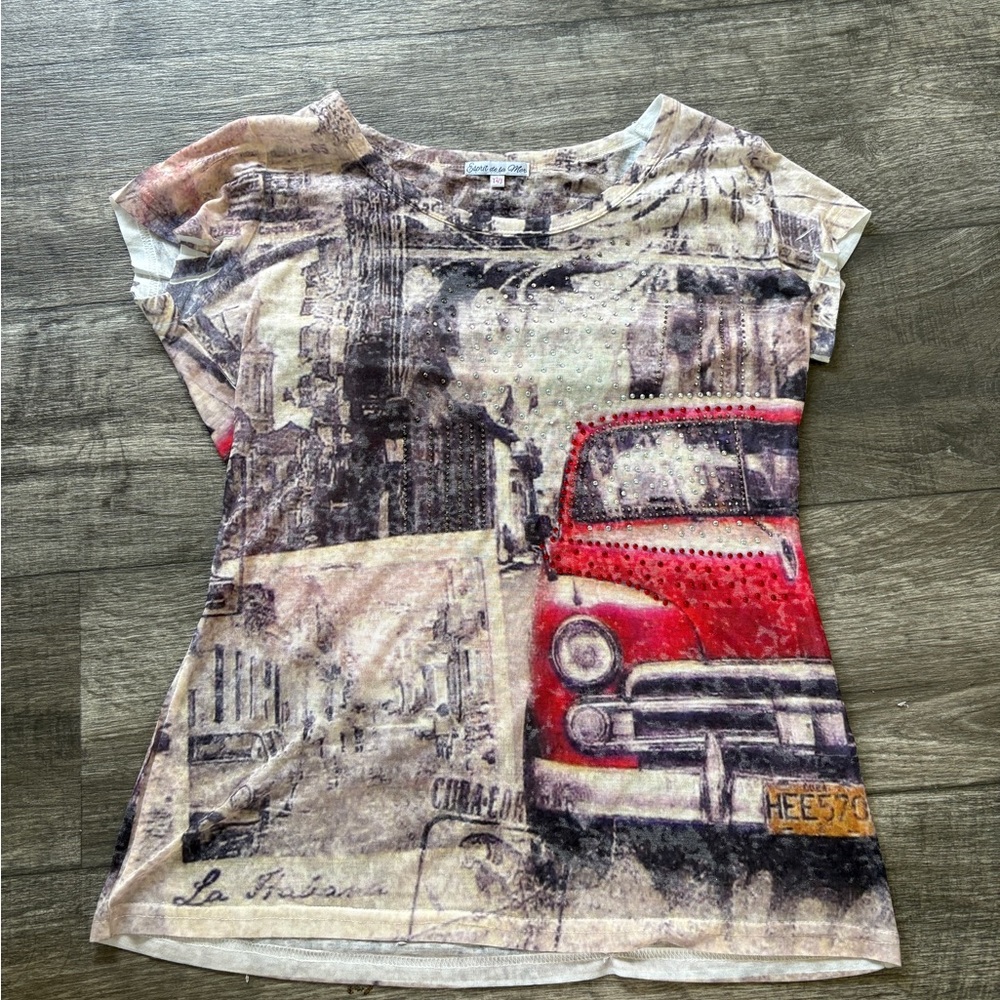 Esprit Vintage Car Print Tee - Red & Cream